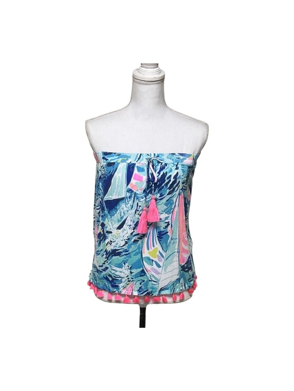 Lilly Pulitzer Floral Beach Palma Tassel Tube Top M Blue Teal Pink Swim Sailboat